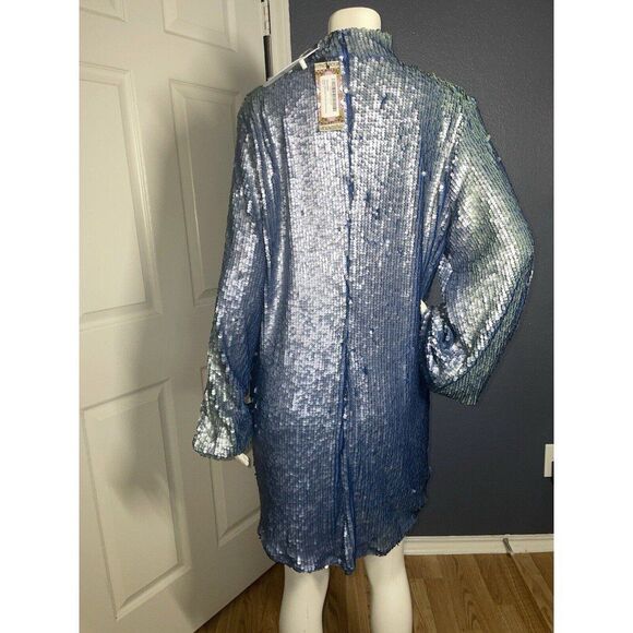 Boohoo Sequin High Neck Cut Out Smock Dress Size 10  Blue Sparkly Mini - Picture 7 of 12